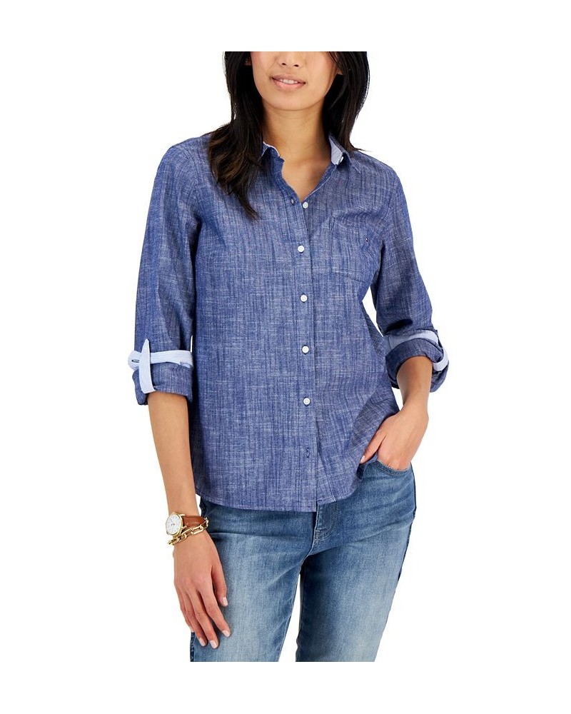 Women's Cotton Printed Roll-Tab Utility Shirt Chambray $18.90 Tops