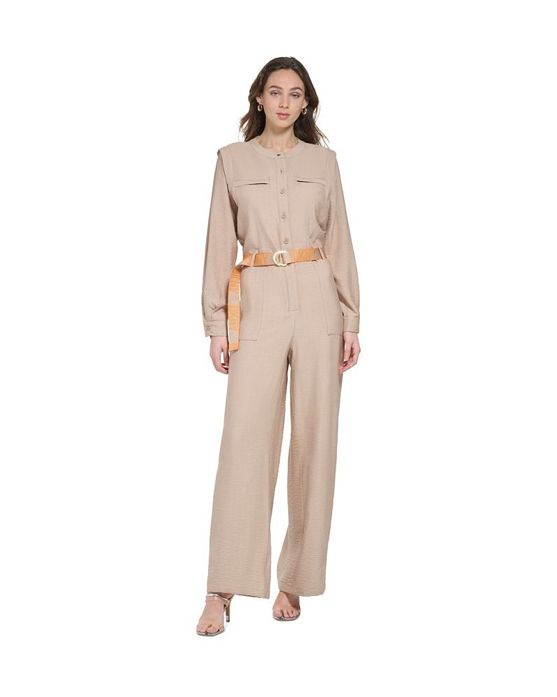 Women's Button-Front Logo-Belt Wide-Leg Jumpsuit Tan/Beige $69.96 Pants