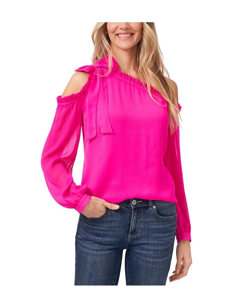 Ruffled Asymmetric Cold-Shoulder Top Pink $39.60 Tops